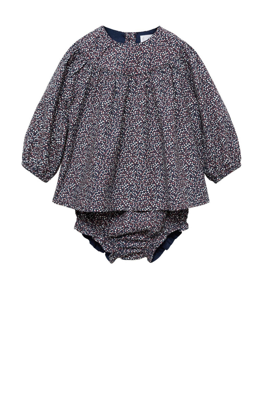 Donkerblauwe meisjes Mango Kids newborn baby jurk van katoen met lange mouwen, ronde hals en knoopsluiting