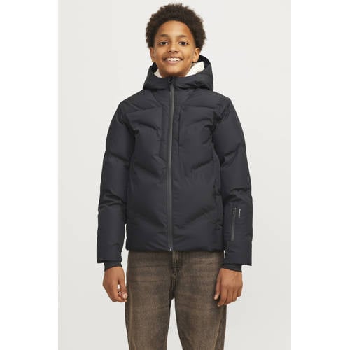 JACK & JONES JUNIOR gewatteerde winterjas JCOSLAY HEAT zwart Jongens Polyester Capuchon