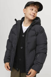 thumbnail: Zwarte jongens JACK & JONES JUNIOR gewatteerde winterjas van polyester met effen, lange mouwen, capuchon, ritssluiting en quilted