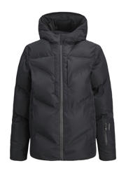 thumbnail: Zwarte jongens JACK & JONES JUNIOR gewatteerde winterjas van polyester met effen, lange mouwen, capuchon en ritssluiting