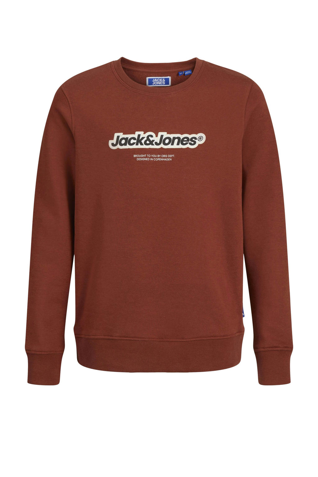 Roodbruine jongens JACK & JONES JUNIOR sweater met logo dessin, lange mouwen en ronde hals