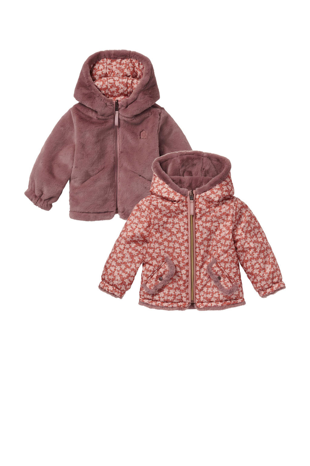Oudroze en rode meisjes Noppies baby reversible imitatiebont winterjas met meerkleurige print, lange mouwen, capuchon en ritssluiting