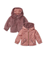 thumbnail: Oudroze en rode meisjes Noppies baby reversible imitatiebont winterjas met meerkleurige print, lange mouwen, capuchon en ritssluiting