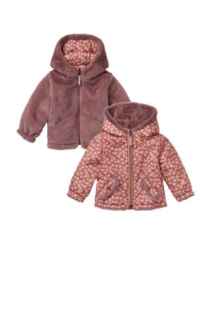 reversible imitatiebont winterjas oudroze/rood