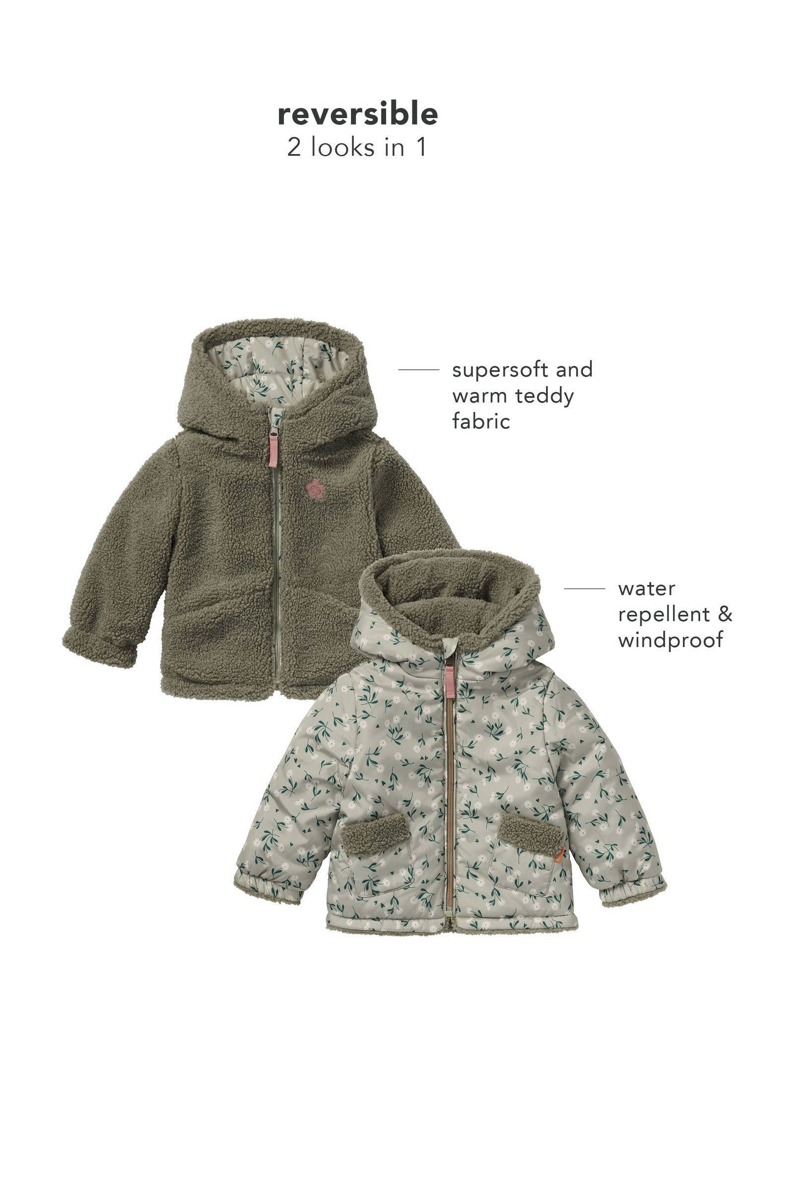 Noppies baby reversible teddy winterjas groen offwhite kleertjes