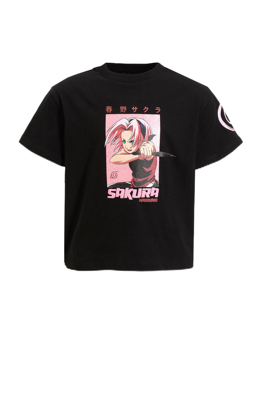 Zwarte meisjes anytime T-shirt Naruto van katoen met printopdruk, korte mouwen en ronde hals