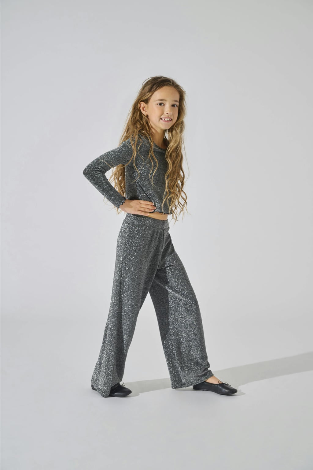 Zwart en zilverkleurige meisjes KIDS ONLY GIRL wide leg broek met effen