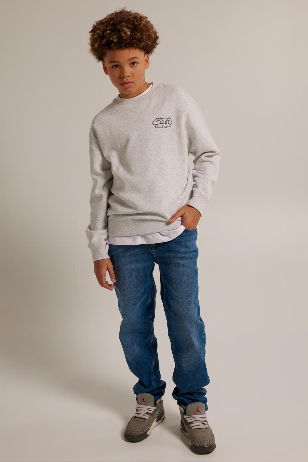 Blauwe jongens America Today straight leg jeans van denim met rits- en knoopsluiting en effen
