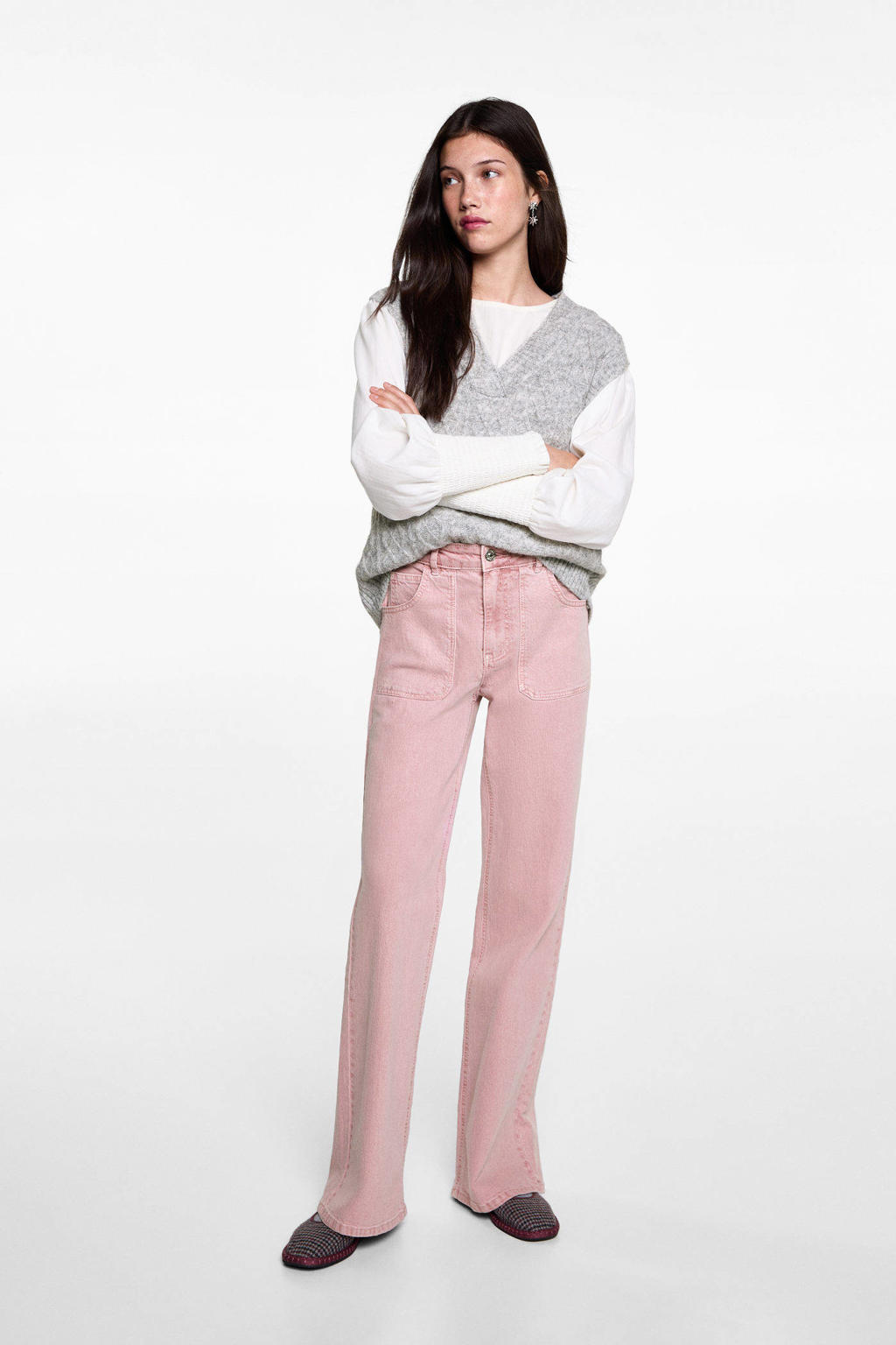 Roze meisjes MANGO TEEN wide leg jeans van denim met rits- en knoopsluiting
