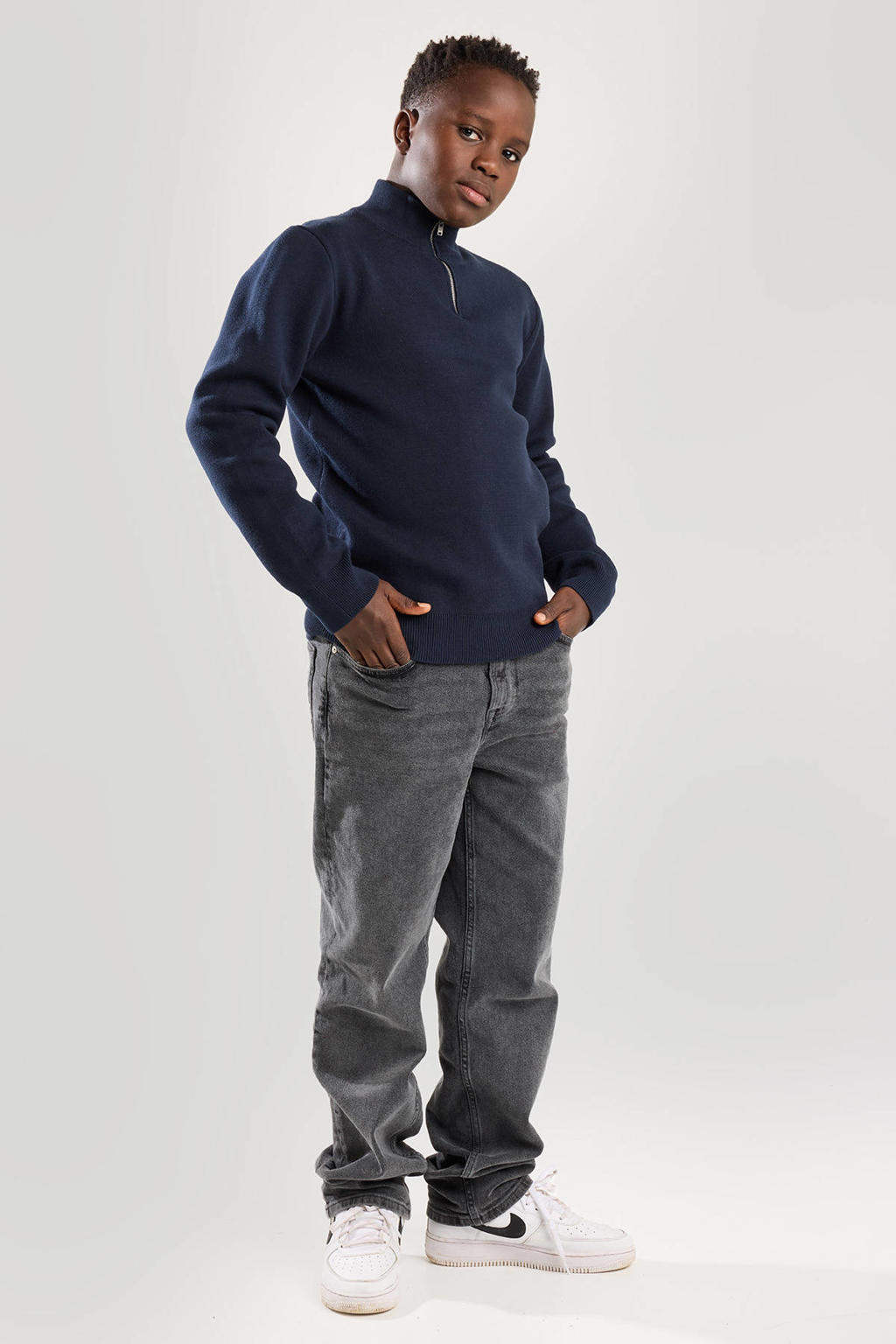 Blauwe jongens America Today pullover van katoen met effen, lange mouwen, opstaande kraag en ritssluiting