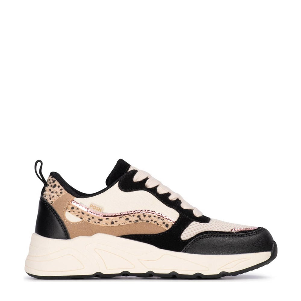 Zwart en beige meisjes POSH by Poelman Carocel chunky sneakers van imitatieleer met veters