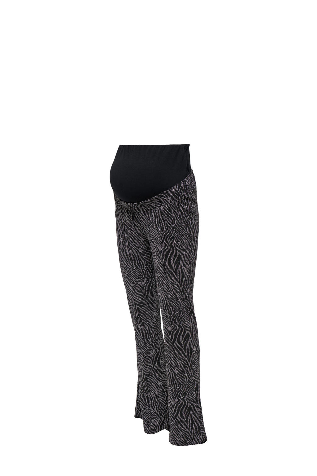 Zwart en zilverkleurige dames ONLY MATERNITY zwangerschaps flared broek van polyester met high waist, elastische tailleband en effen