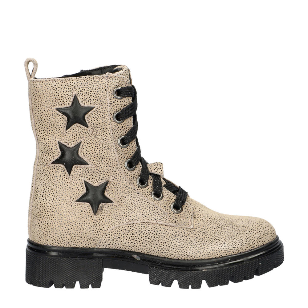Beige meisjes Nelson Kids suède veterboots met profielzool en rits- en vetersluiting