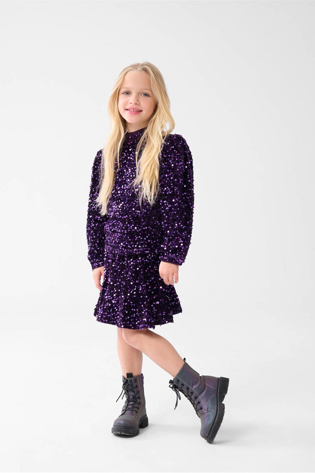Paarse meisjes Shoeby glitter top van polyester met effen, lange mouwen, ronde hals en knoopsluiting