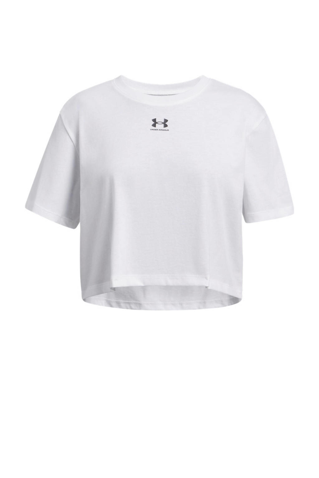 Wit en zwarte meisjes Under Armour sportshirt van katoen met logo dessin, korte mouwen en ronde hals