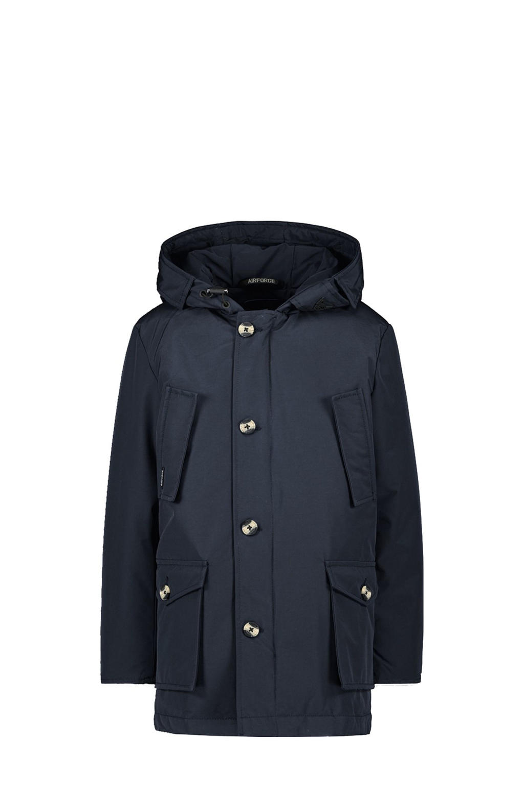 Blauwe jongens Airforce winterjas van katoen met effen, lange mouwen, capuchon en knoopsluiting