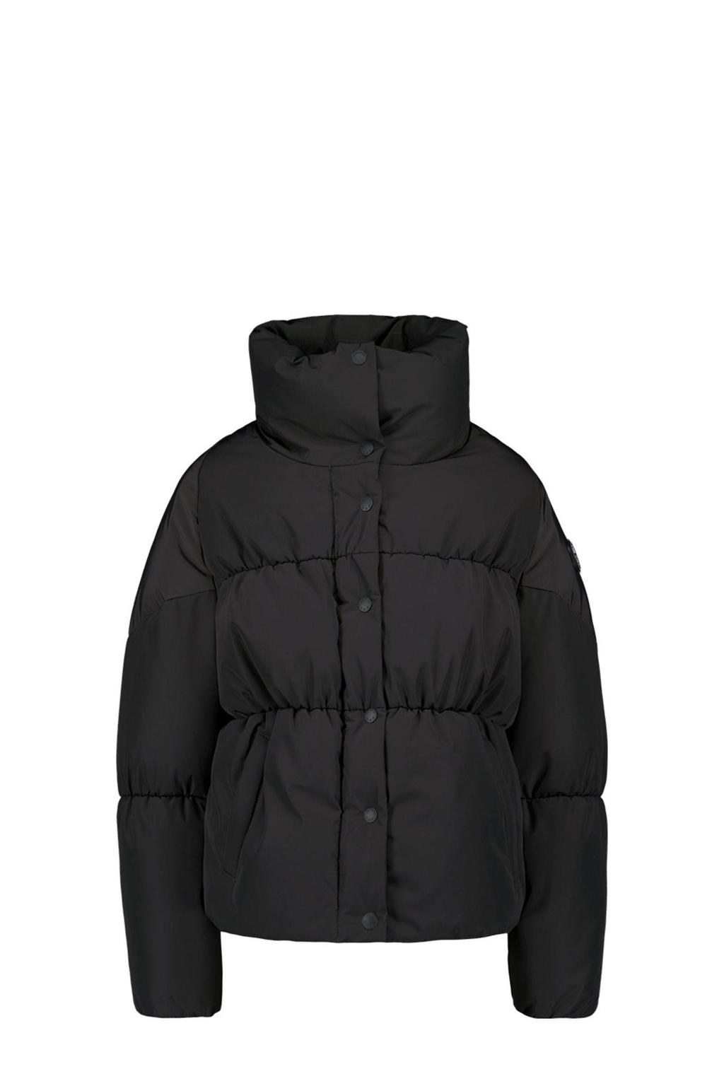 Zwarte meisjes Airforce gewatteerde winterjas van polyester met effen, lange mouwen, opstaande kraag en knoopsluiting