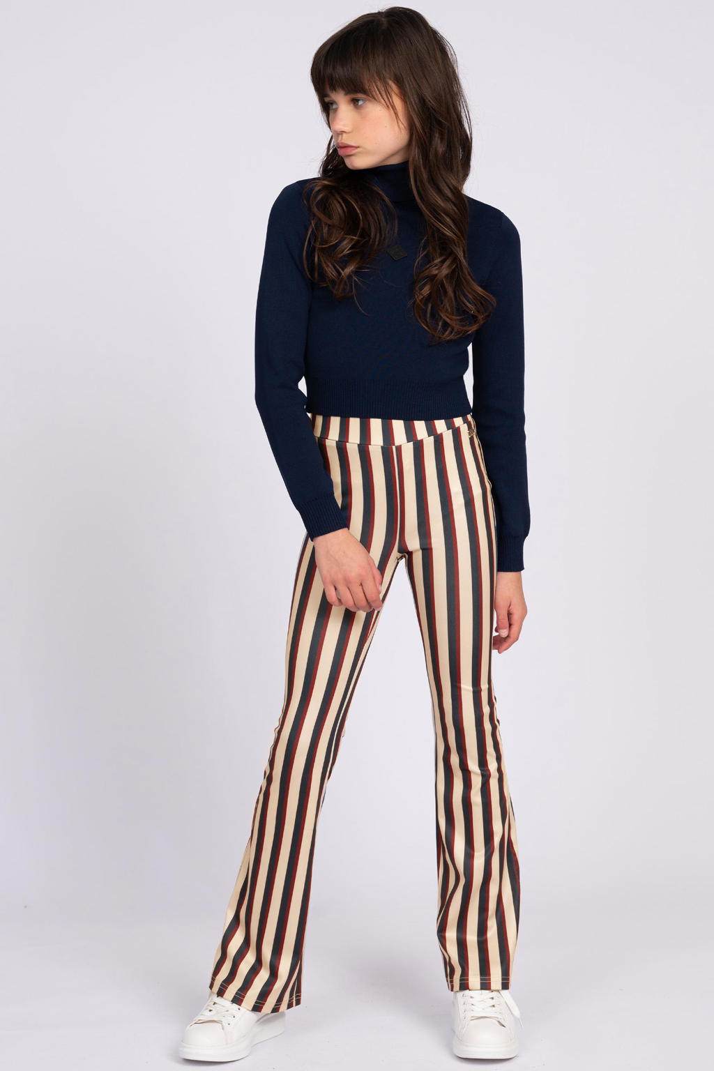 Ecru, rood en blauwe meisjes NIK&NIK flared broek van polyester met elastische tailleband en strepenprint