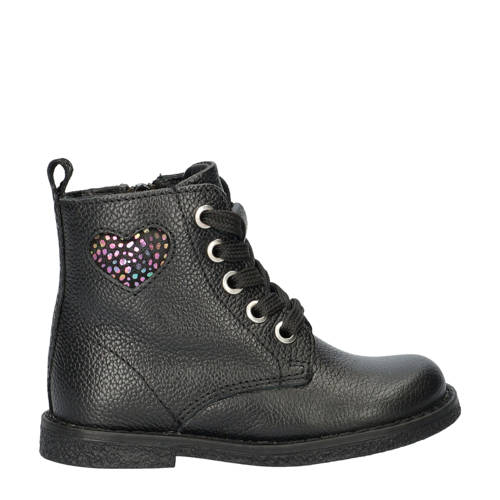 Nelson Kids leren veterboots zwart Meisjes Leer Effen