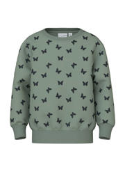 thumbnail: Groen en zwarte meisjes NAME IT MINI sweater met hartjesprint, lange mouwen en ronde hals