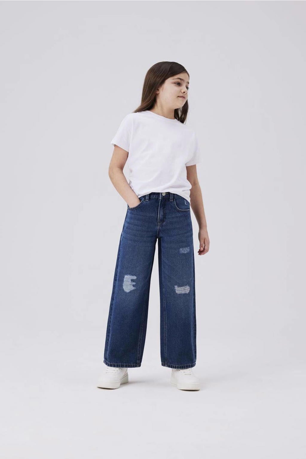 Blauwe meisjes NAME IT KIDS wide leg jeans dark blue van denim met rits- en knoopsluiting en effen