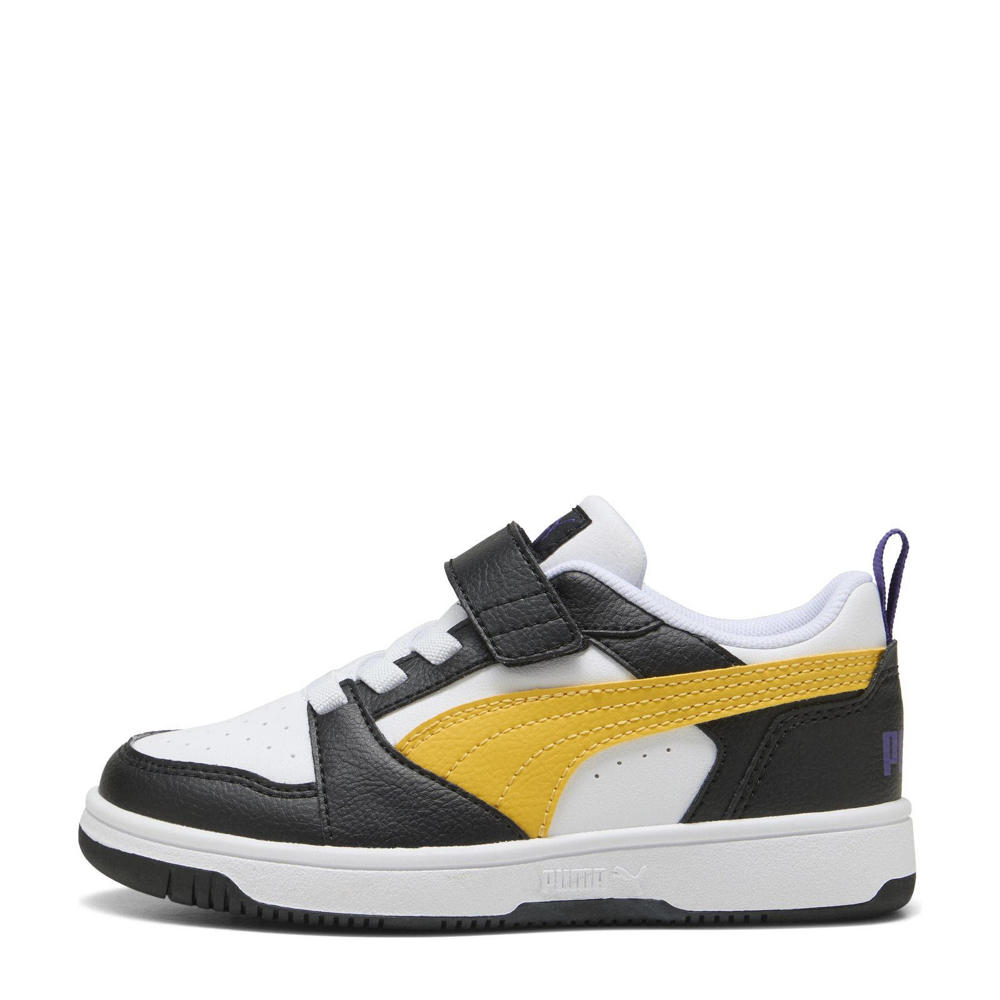 Zwart, geel en witte jongens en meisjes Puma Rebound V6 Lo snekaers van imitatieleer/voering: mesh/voetbed: eva met elastische veter- met klittenbandsluiting