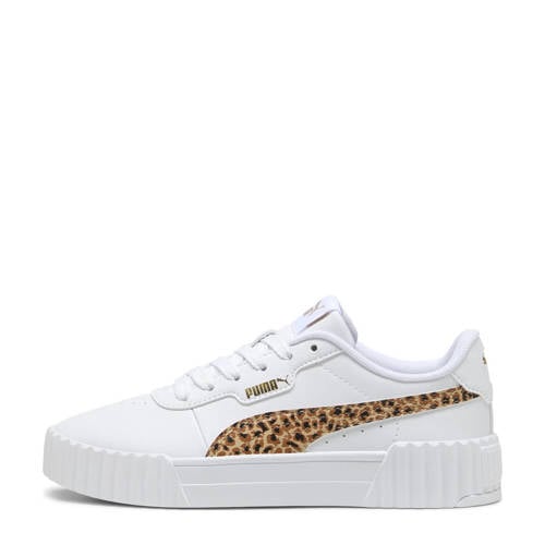 Puma Carina 3.0 Animal sneakers wit/zand/zwart Jongens/Meisjes Leer Panterprint
