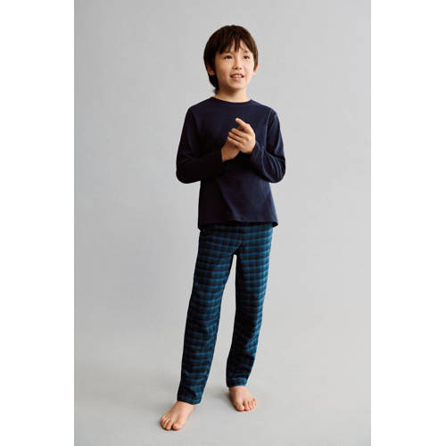 Mango Kids pyjama donkerblauw Jongens Katoen Ronde hals Ruit