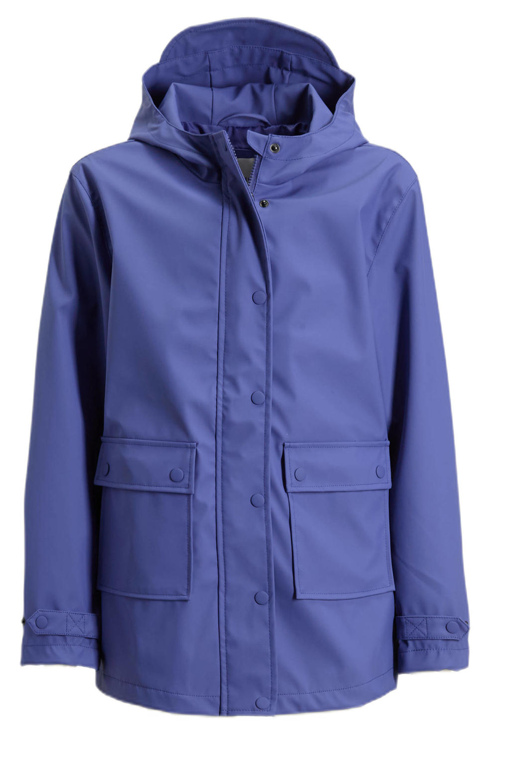 Paarse meisjes anytime Anytime regenjas van polyester met effen, lange mouwen, capuchon en rits- en drukknoopsluiting