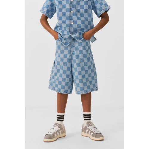 Coolcat denim short Bobby met checkerboard print blauw Korte broek Effen
