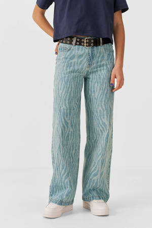 wide leg jeans June met zebraprint blauw