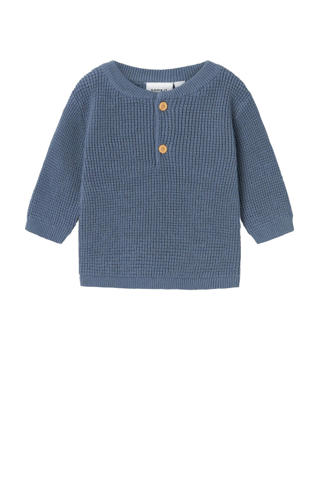 Grijsblauwe jongens NAME IT BABY sweater van katoen met effen, lange mouwen, ronde hals en textuur