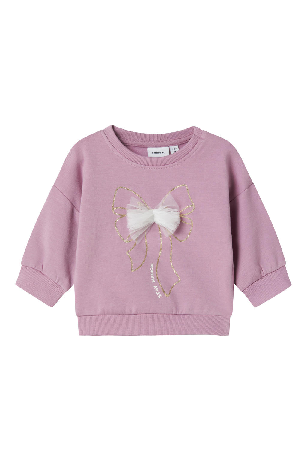 Roze meisjes NAME IT BABY sweater met printopdruk, lange mouwen, ronde hals en 3D applicatie