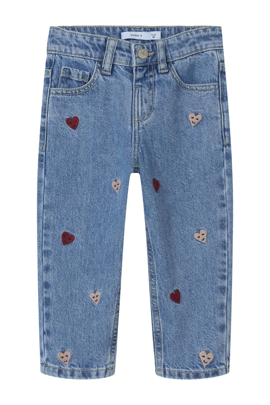 Medium blue denim meisjes NAME IT MINI loose fit jeans Medium blue van stretchdenim met regular waist, rits- en knoopsluiting en hartjesprint
