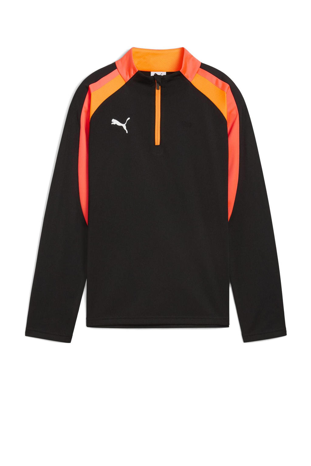 Zwart, rood en oranje jongens en meisjes Puma voetbalshirt van polyester met meerkleurige print, lange mouwen, opstaande kraag en halve rits