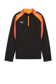 thumbnail: Zwart, rood en oranje jongens en meisjes Puma voetbalshirt van polyester met meerkleurige print, lange mouwen, opstaande kraag en halve rits