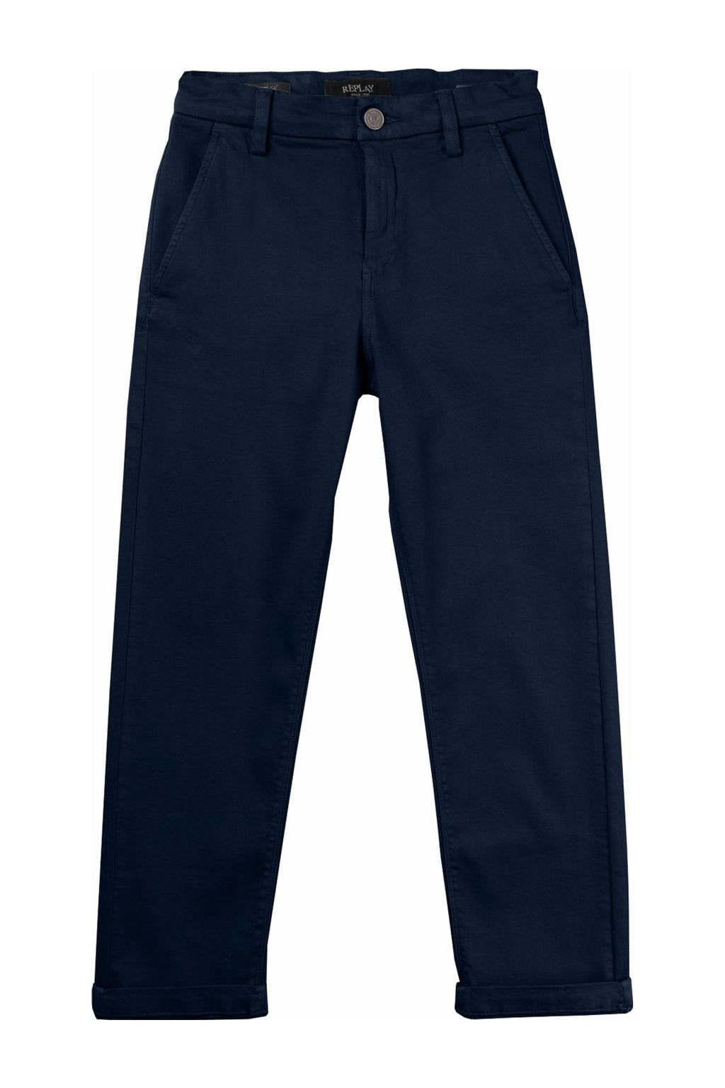 Donkerblauwe jongens REPLAY casual broek van stretchkatoen met rits- en knoopsluiting en effen