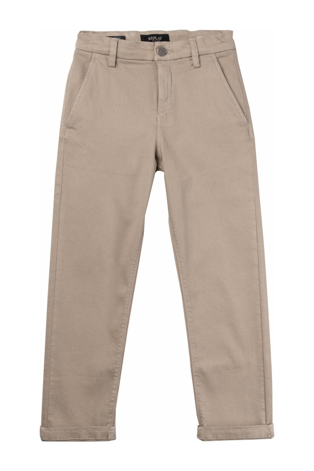 Beige jongens REPLAY casual broek van stretchkatoen met rits- en knoopsluiting en effen