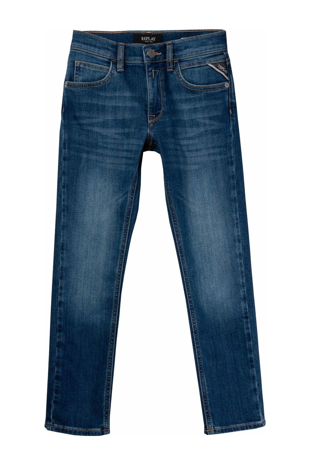 Dark blue denim jongens REPLAY waist regular fit jeans dark blue van stretchdenim met rits- en knoopsluiting en effen