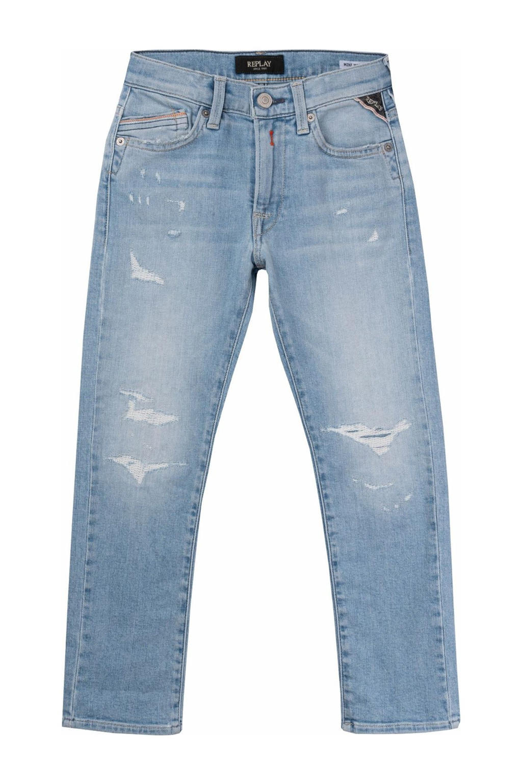 Light blue denim jongens REPLAY waist regular fit jeans van denim met rits- en knoopsluiting en effen