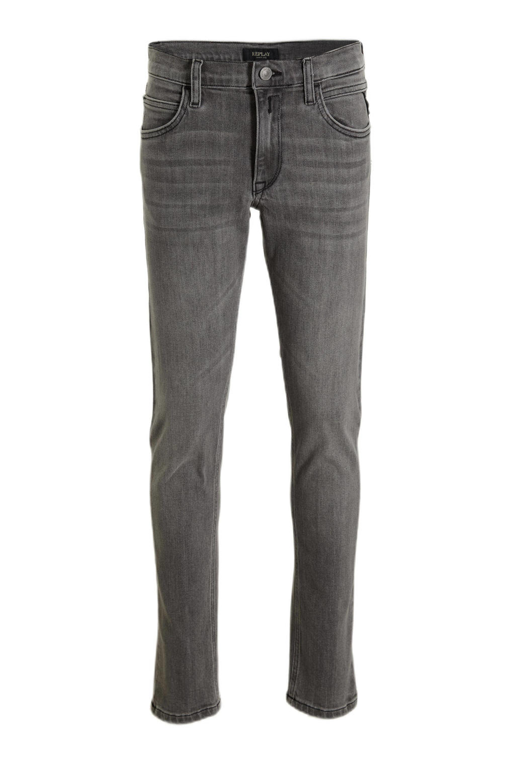 Grey denim jongens REPLAY waist regular fit jeans van stretchdenim met rits- en knoopsluiting en effen