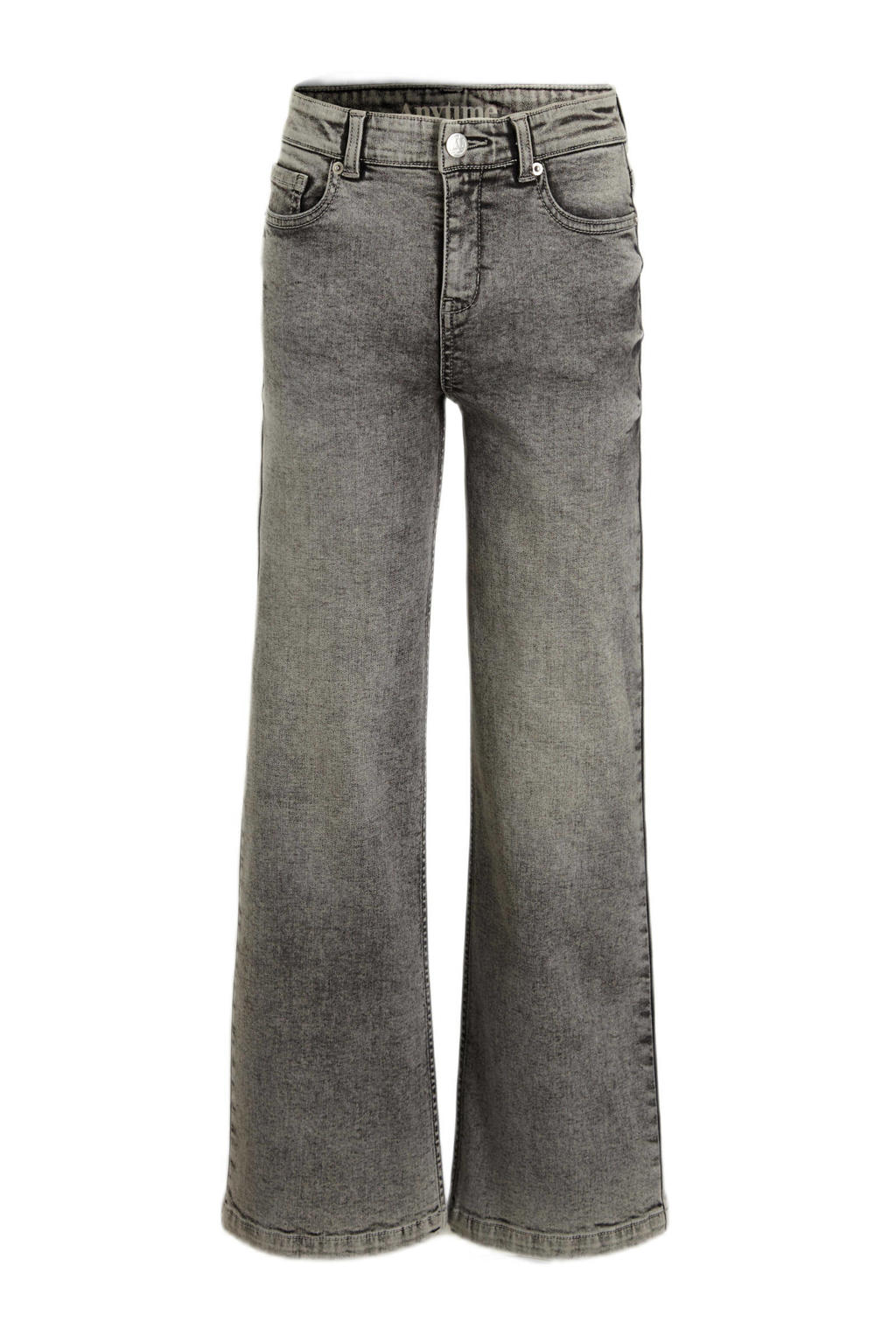Grey denim meisjes anytime broek van katoen met wijde pijpen, high waist, rits- en knoopsluiting en effen
