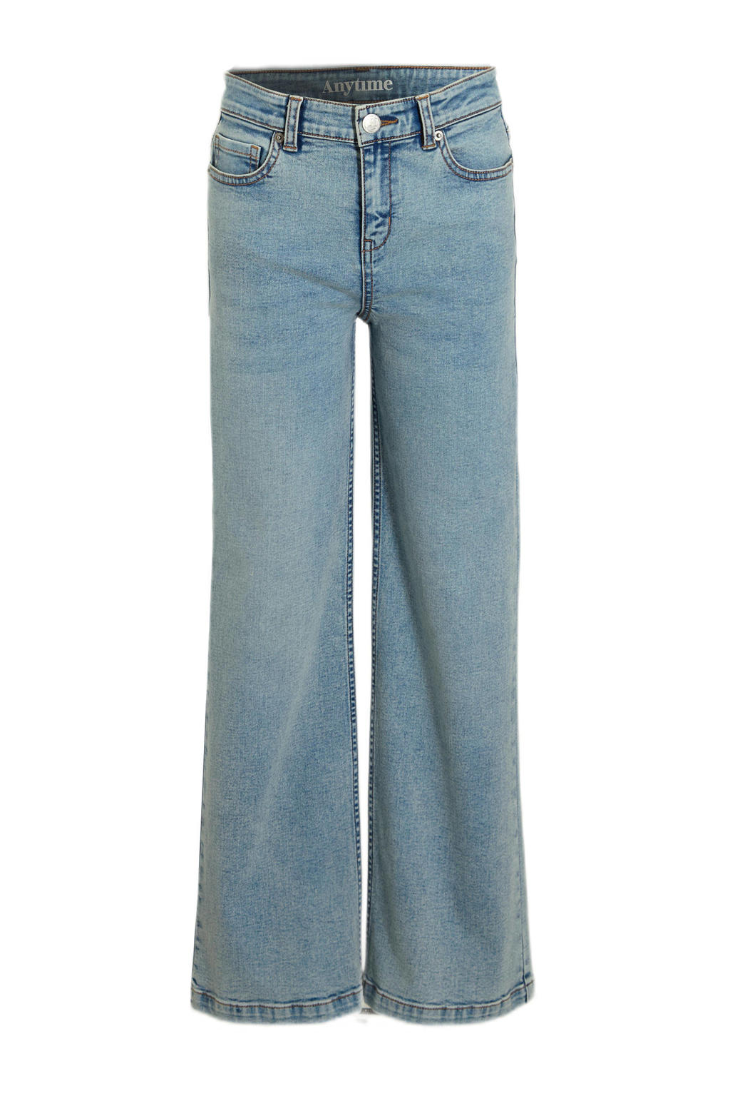 Light blue denim meisjes anytime wide leg van katoen met high waist, rits- en knoopsluiting en effen