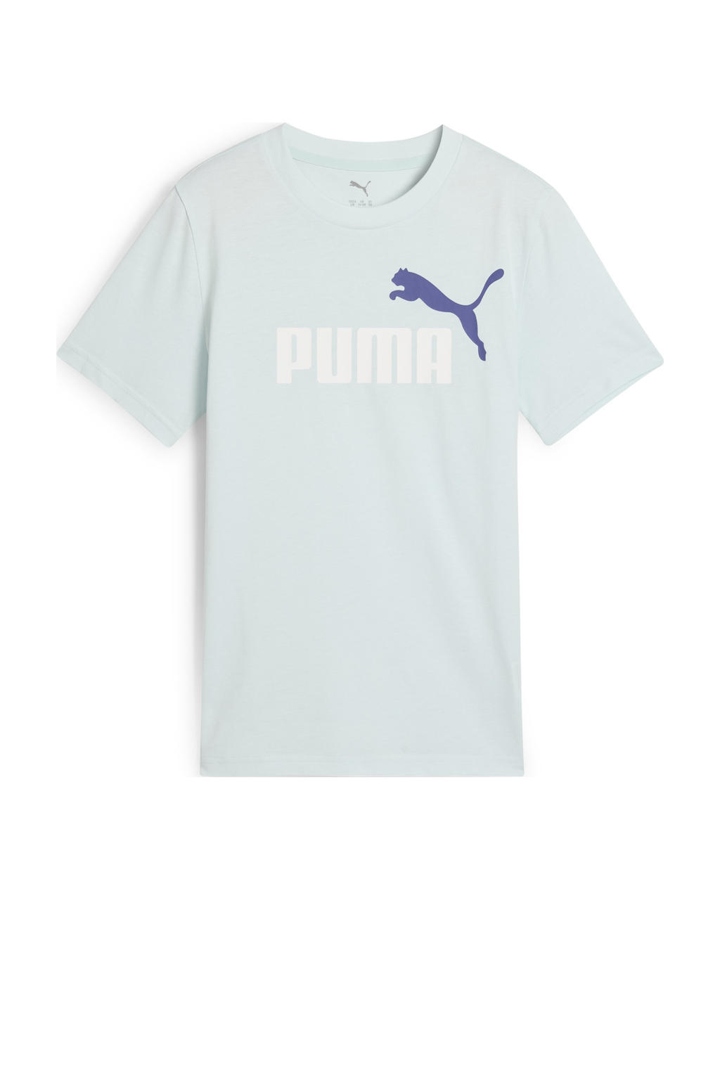 Lichtblauwe jongens en meisjes Puma T-shirt van katoen met logo dessin, korte mouwen en ronde hals