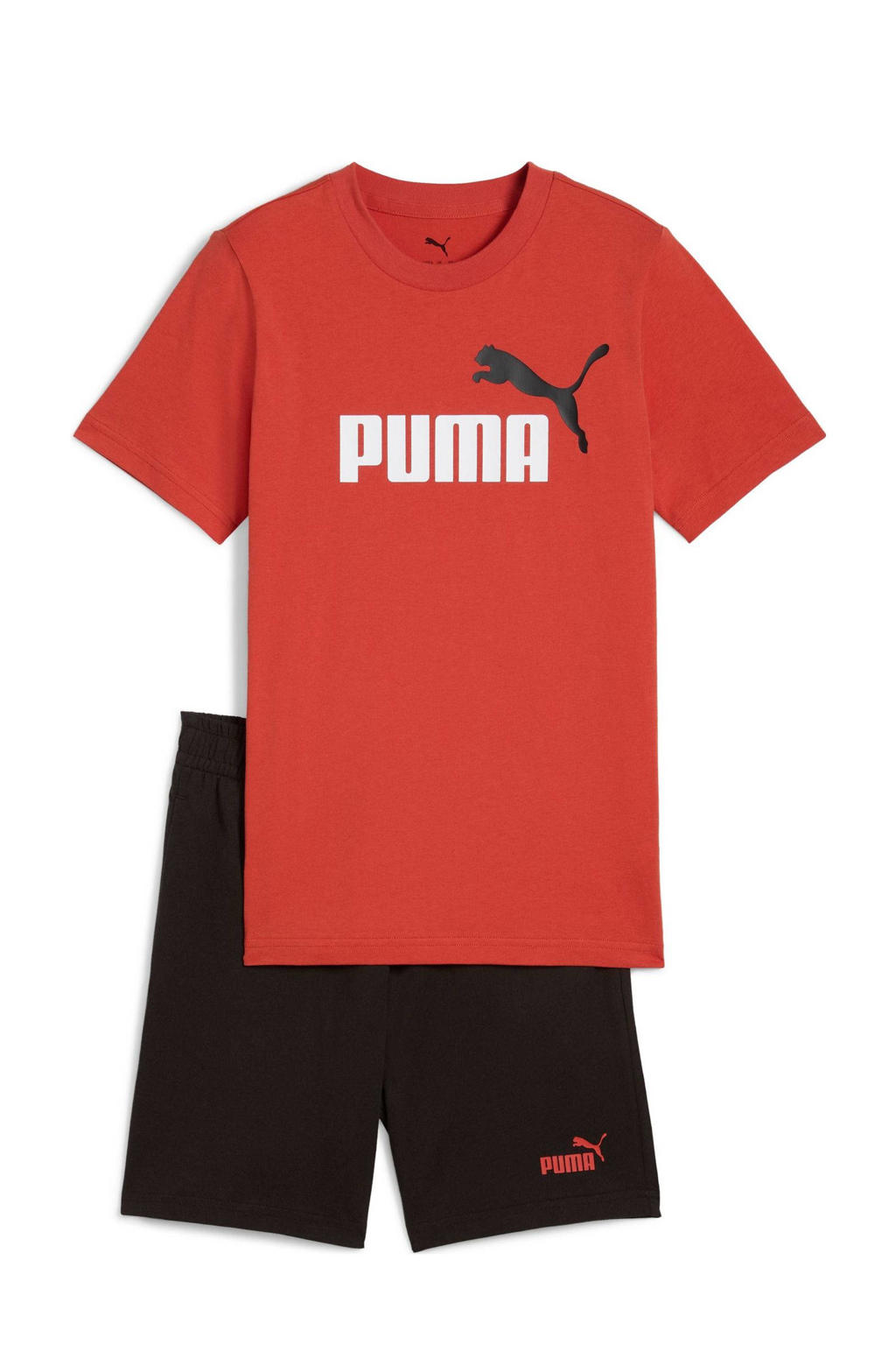 Rood en zwarte jongens en meisjes Puma T-shirt + short van katoen met logo dessin, korte mouwen, ronde hals en elastische tailleband met koord