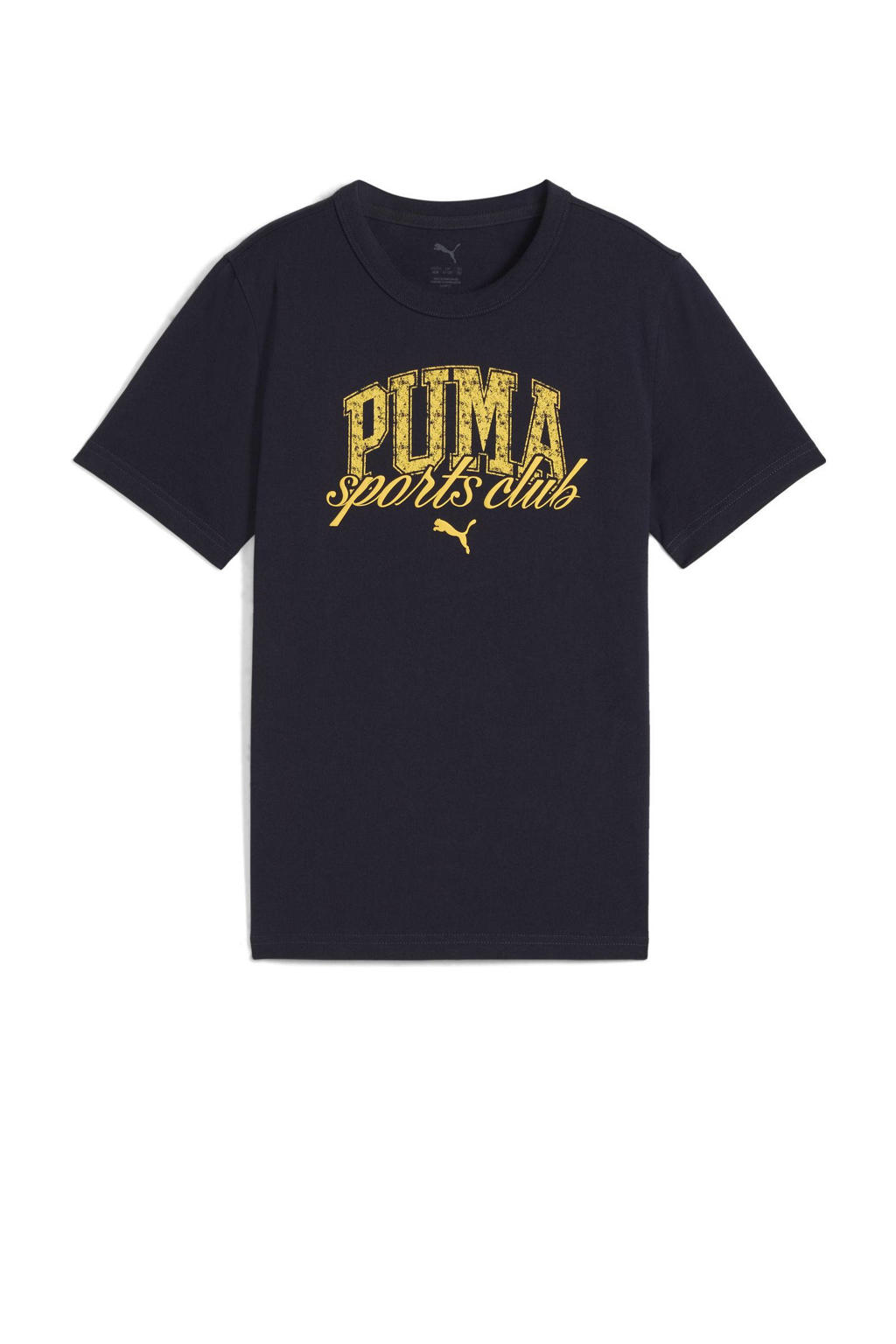 Donkerblauwe jongens en meisjes Puma T-shirt Class Graphic van katoen met printopdruk, korte mouwen en ronde hals