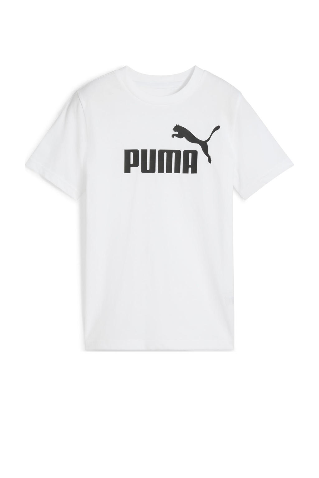 Witte jongens en meisjes Puma T-shirt Essential No 1 van katoen met logo dessin, korte mouwen en ronde hals