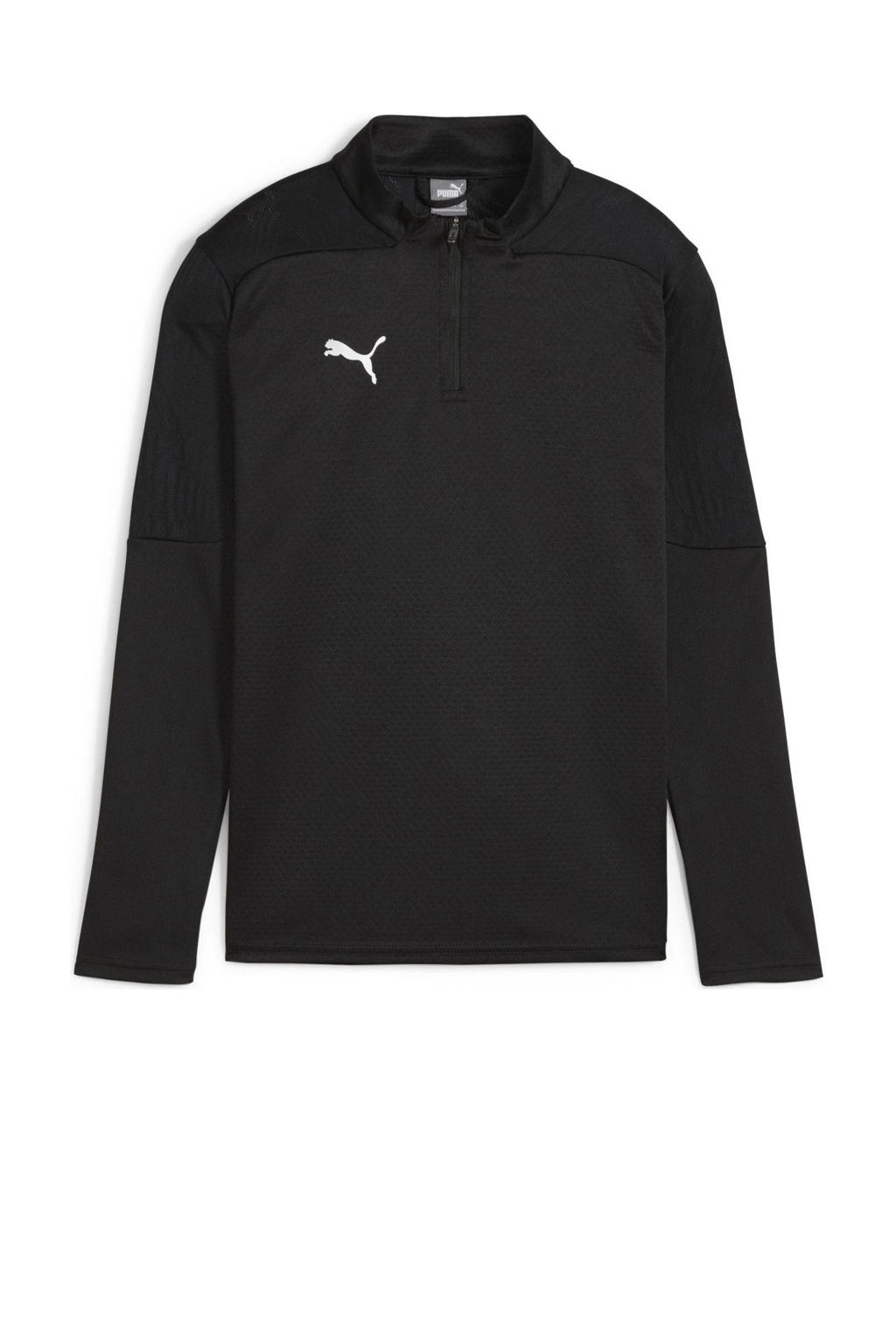 Zwart en zilverkleurige jongens en meisjes Puma sportshirt teamFINAL van polyester met effen, lange mouwen en opstaande kraag