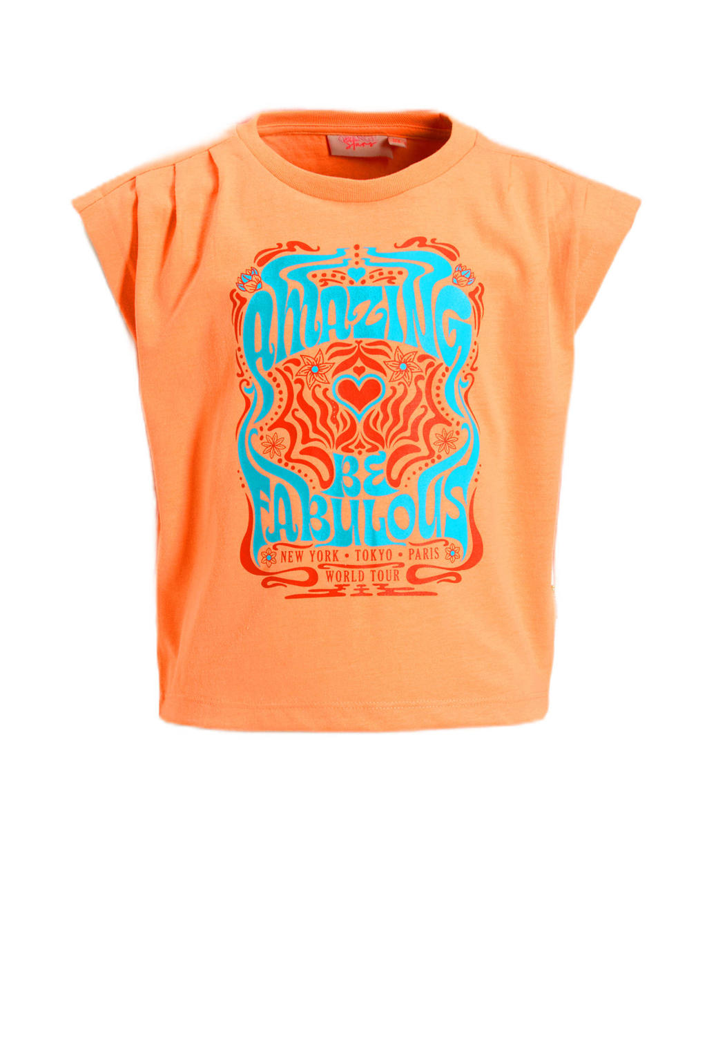 Oranje meisjes Orange Stars T-shirt van polyester met printopdruk, korte mouwen en ronde hals