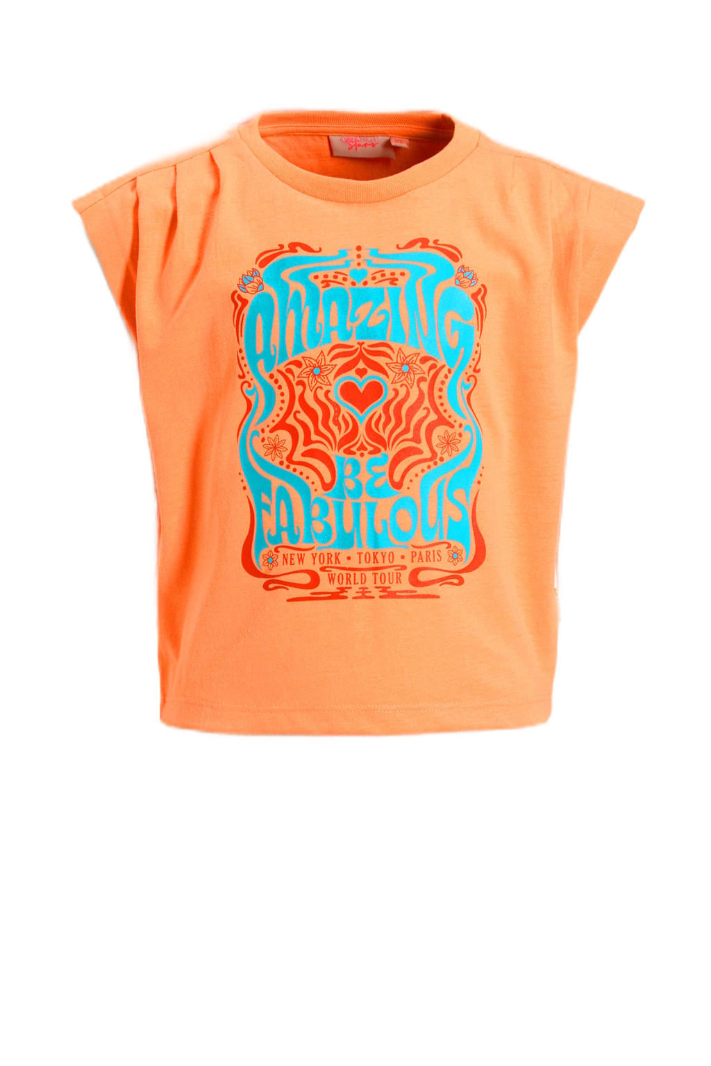 Oranje meisjes Orange Stars T-shirt van polyester met printopdruk, korte mouwen en ronde hals